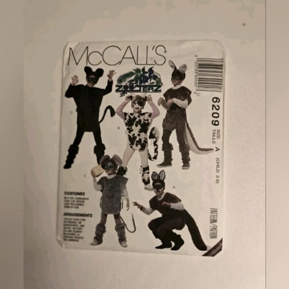 Vntg 1990's McCall's Costume Pattern 6209 ZOOTERZ Children 2-6 Cow Fox Cat